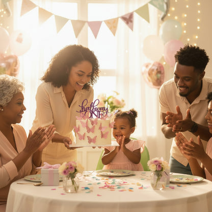 famille autour de gateau anniversaire avec deco papillons