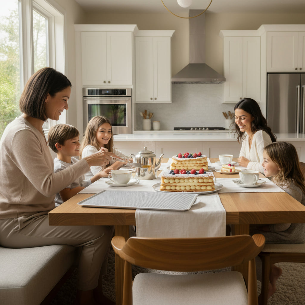 famille deguste mille feuilles cuisine avec moule a gateau perfore