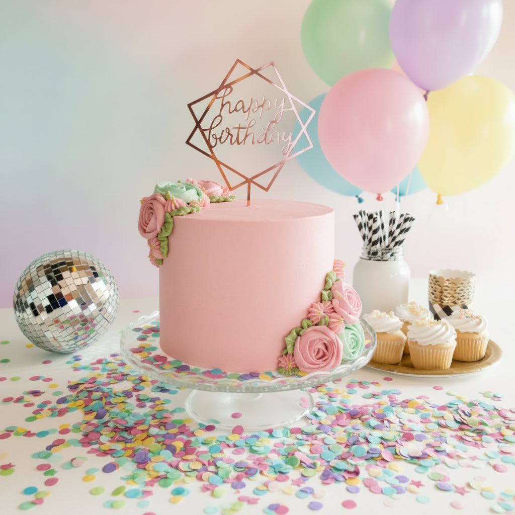 gateau rose sur presentoir avec deco anniversaire happy birthday