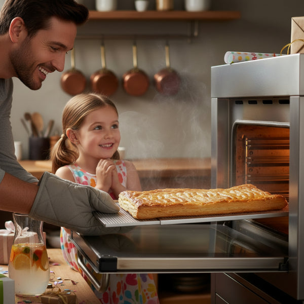 papa sortant pate feuilletee sur moule a gateau perfore