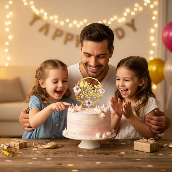 pere et petites filles fetant anniversaire avec deco happy birthday sur gateau