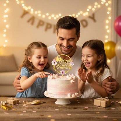 pere et petites filles fetant anniversaire avec deco happy birthday sur gateau
